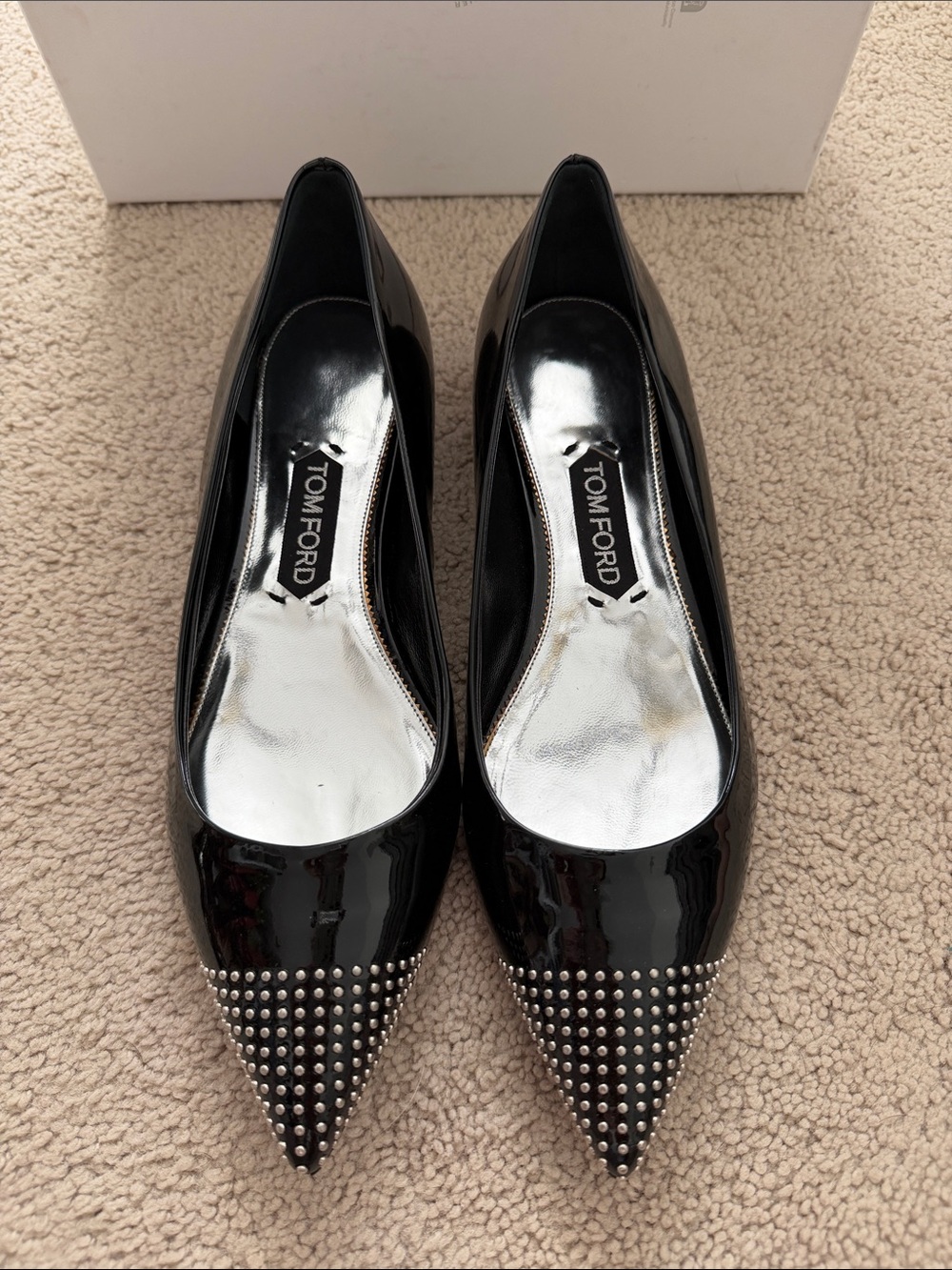 Tom Ford Black Patent Pointed Pumps with Silver Stud Tips